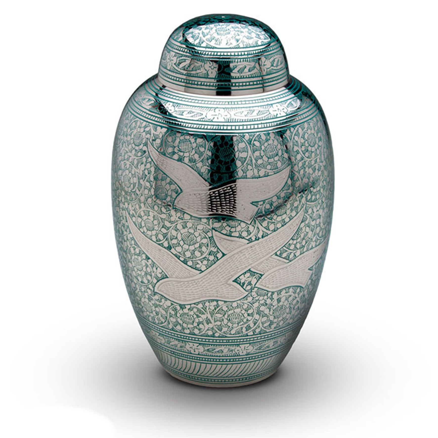 Metalen urn - Vogels groen/zilver groot - 3,20 Liter