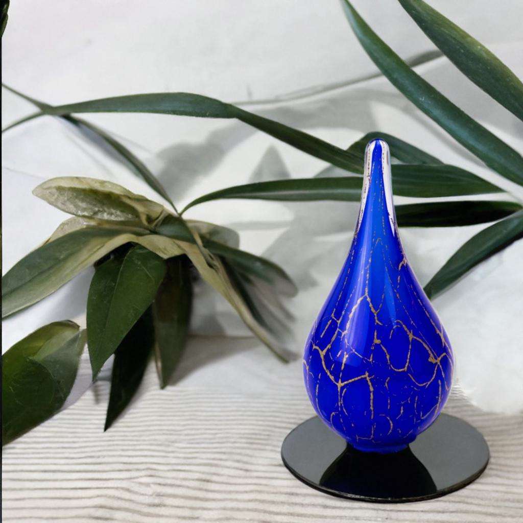 Glazen urn - Druppel blauw met bladgoud groot - 0,60 Liter - Afbeelding 2