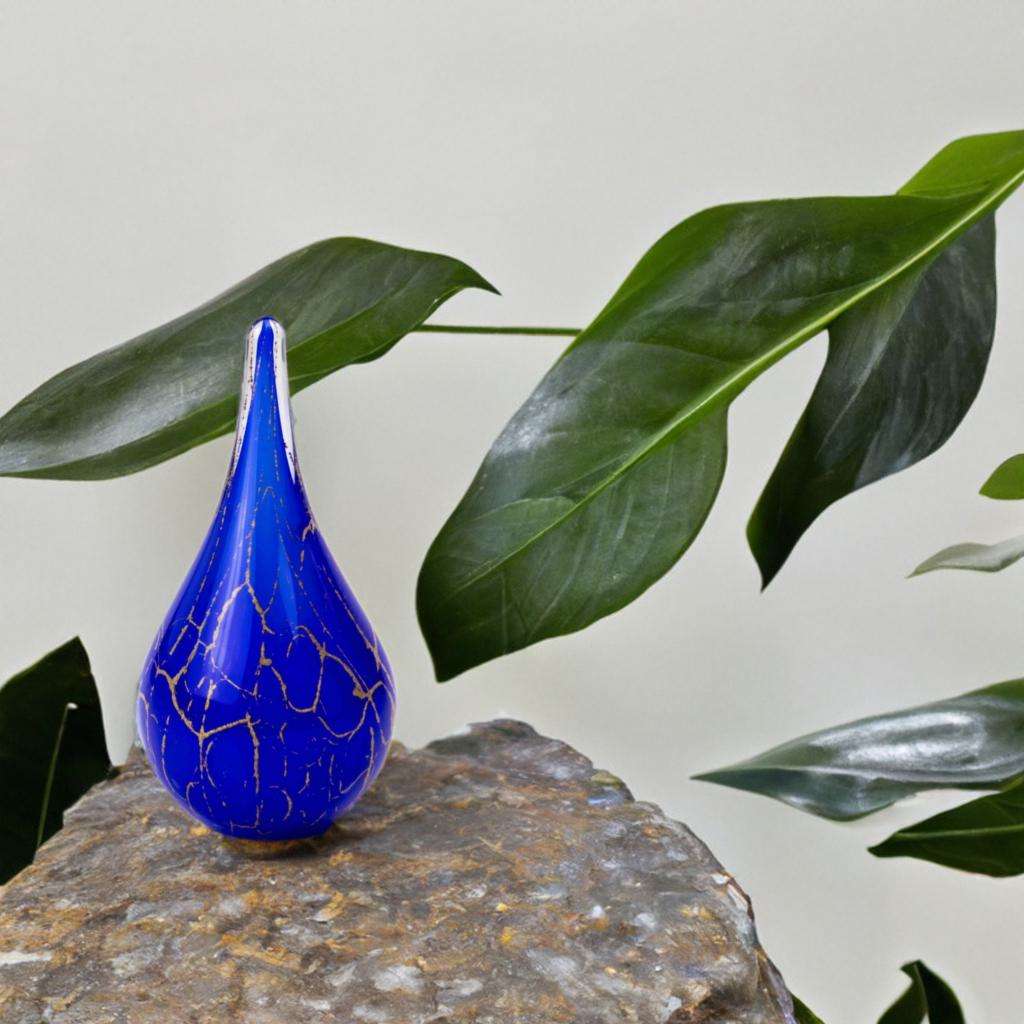 Glazen urn - Druppel blauw met bladgoud groot - 0,60 Liter - Afbeelding 3