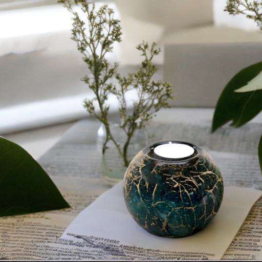 Glazen urn - Waxinelichtje groen met bladgoud groot - 0,40 Liter - Afbeelding 3