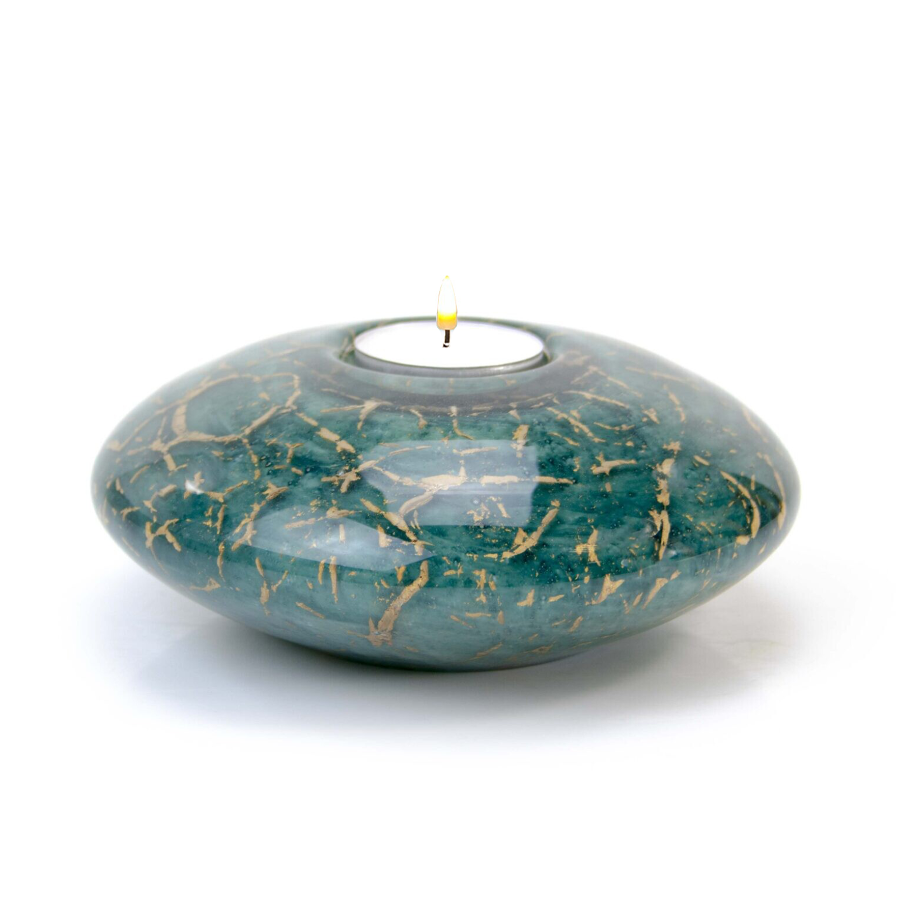 Glazen urn - Disk met waxinelichtje groen met bladgoud klein - 0,40 Liter