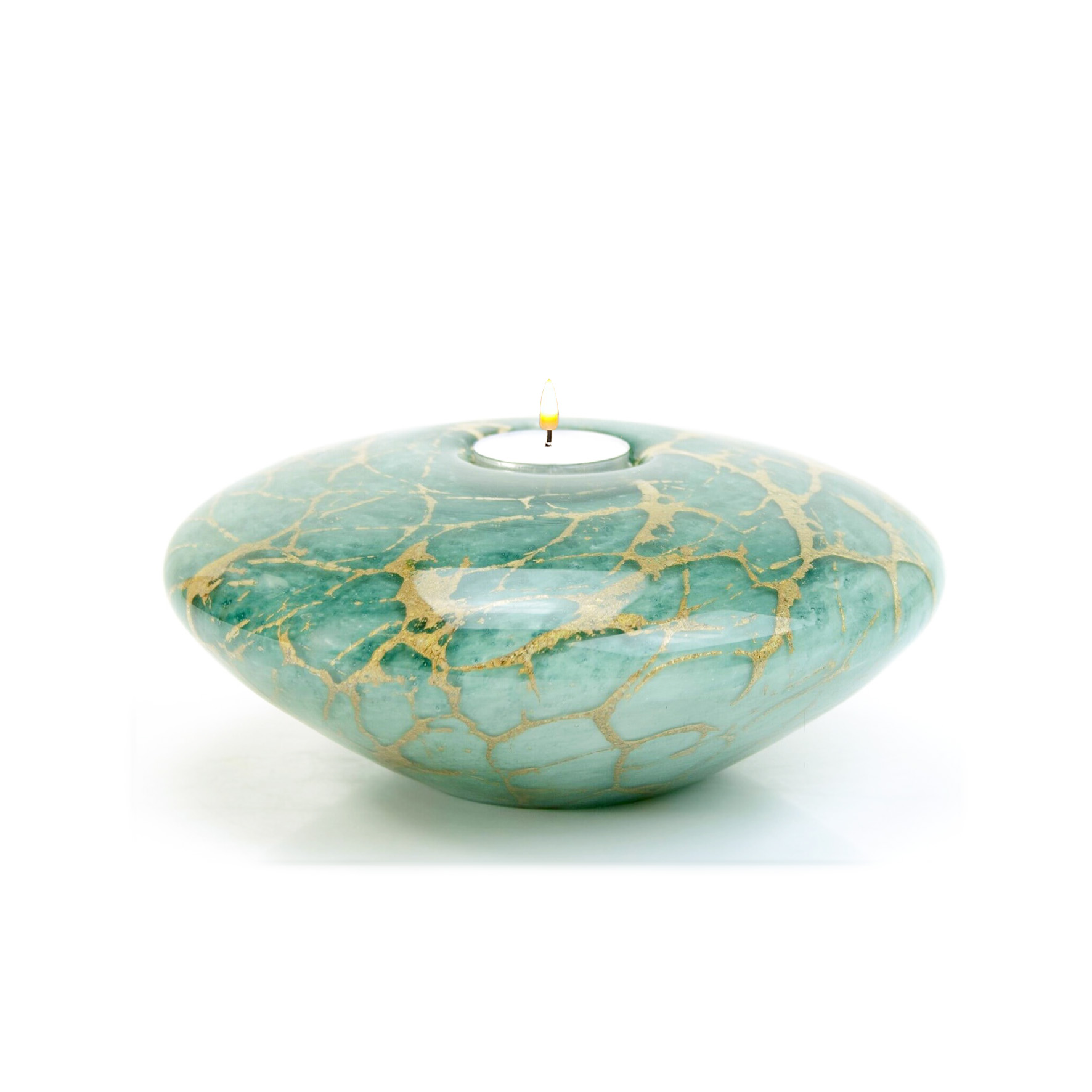 Glazen urn - Disk met waxinelichtje groen met bladgoud groot - 1 Liter