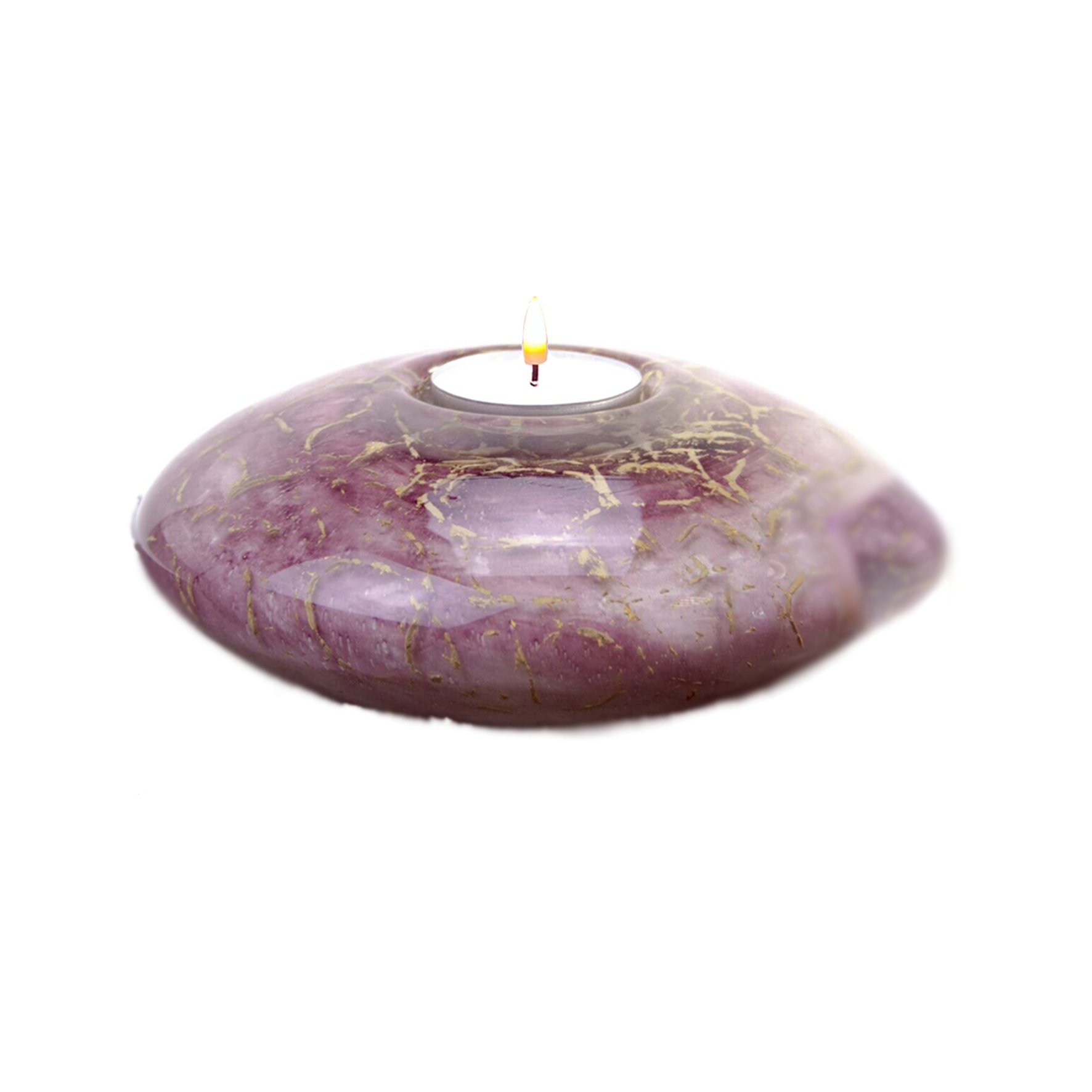 Glazen urn - Disk met waxinelichtje paars met bladgoud klein - 0,40 Liter