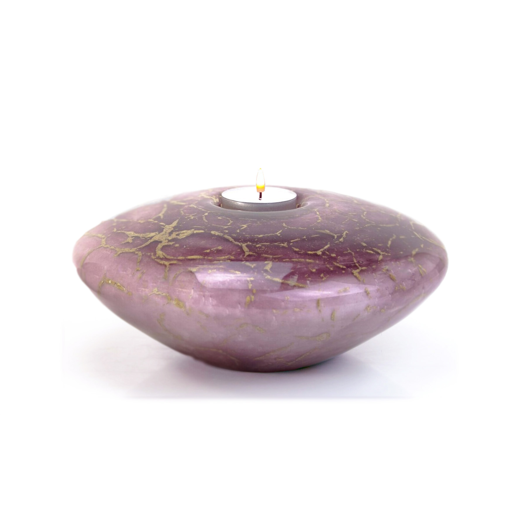 Glazen urn - Disk met waxinelichtje paars met bladgoud groot - 1 Liter