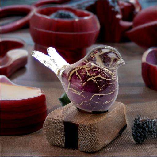 Glazen urn - Vogeltje paars met bladgoud - 0,02 Liter - Afbeelding 2