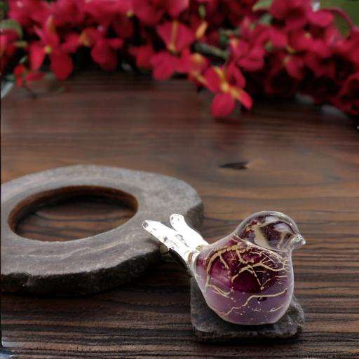 Glazen urn - Vogeltje paars met bladgoud - 0,02 Liter - Afbeelding 3