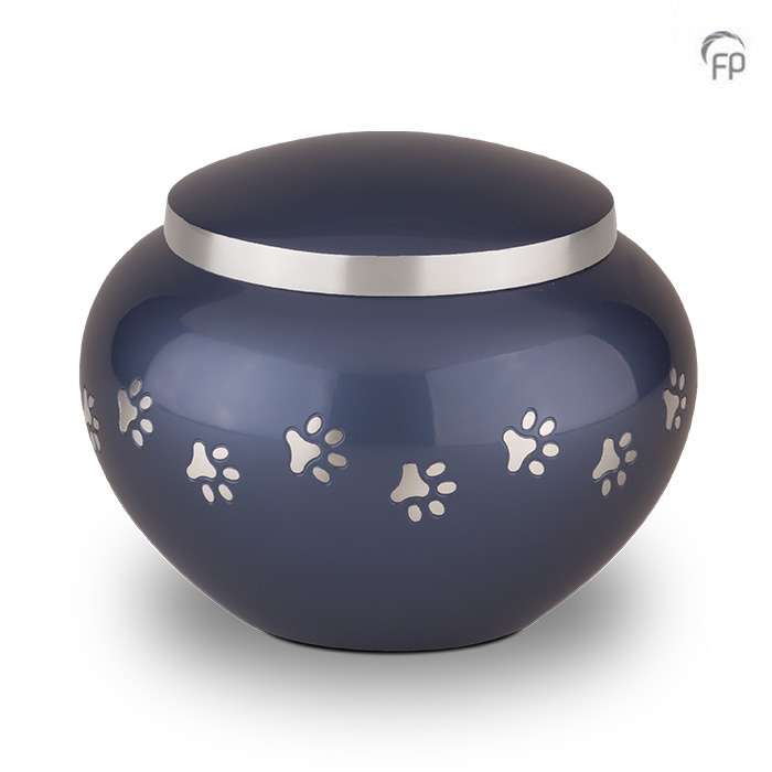 Metalen dierenurn - Zilveren hondenpootjes blauw groot - 1,25 Liter