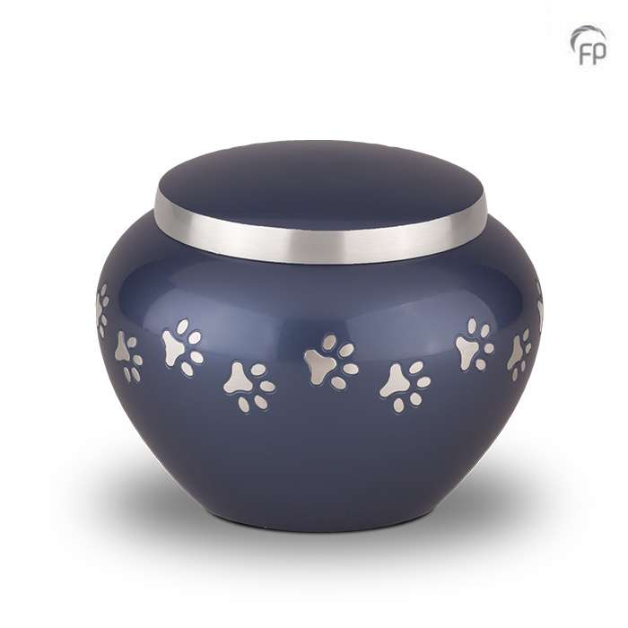 Metalen dierenurn - Zilveren hondenpootjes blauw medium - 0,70 Liter