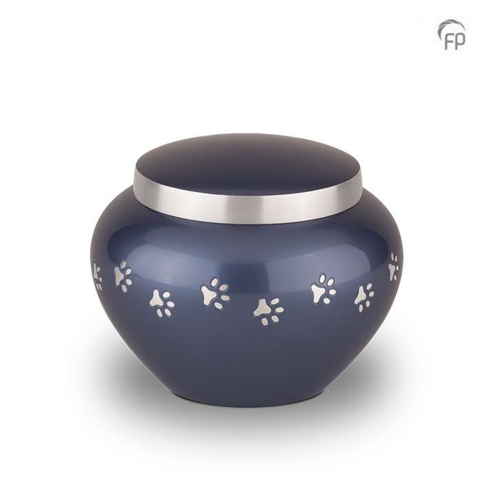 Metalen dierenurn - Zilveren hondenpootjes blauw klein - 0,45 Liter