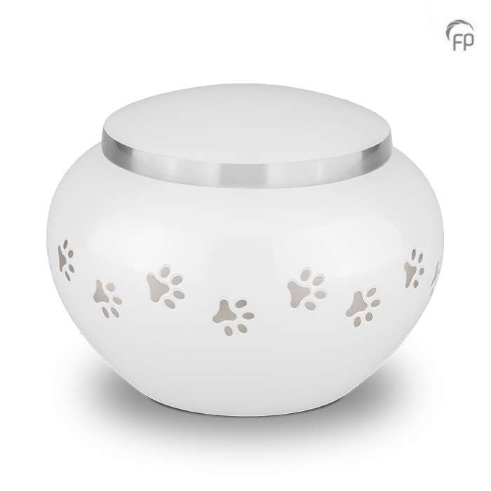 Metalen dierenurn - Zilveren hondenpootjes wit groot - 1,25 Liter