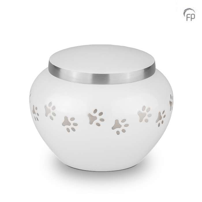 Metalen dierenurn - Zilveren hondenpootjes wit medium - 0,70 Liter