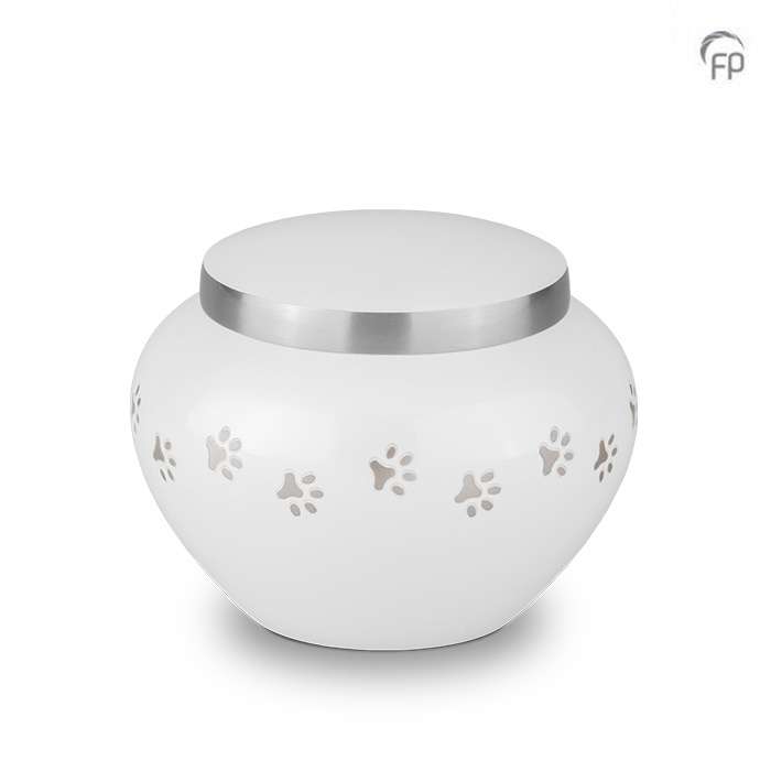 Metalen dierenurn - Zilveren hondenpootjes wit klein - 0,45 Liter