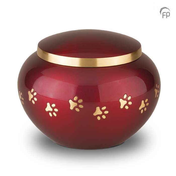 Metalen dierenurn - Gouden hondenpootjes rood groot - 1,25 Liter