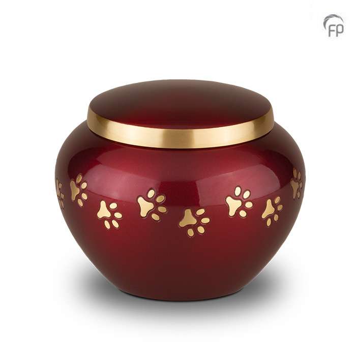 Metalen dierenurn - Gouden hondenpootjes rood medium - 0,70 Liter