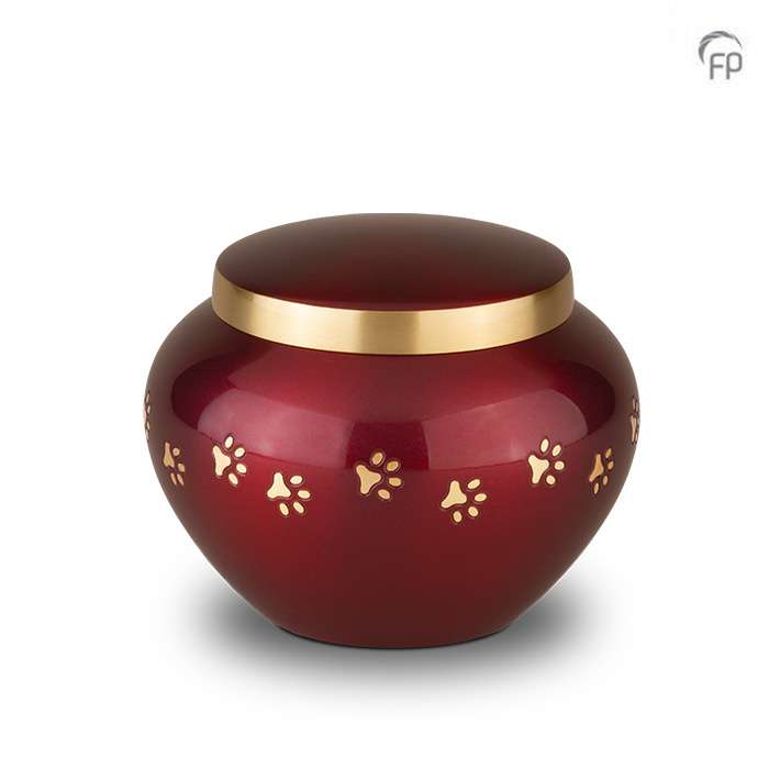 Metalen dierenurn - Gouden hondenpootjes rood klein - 0,45 Liter