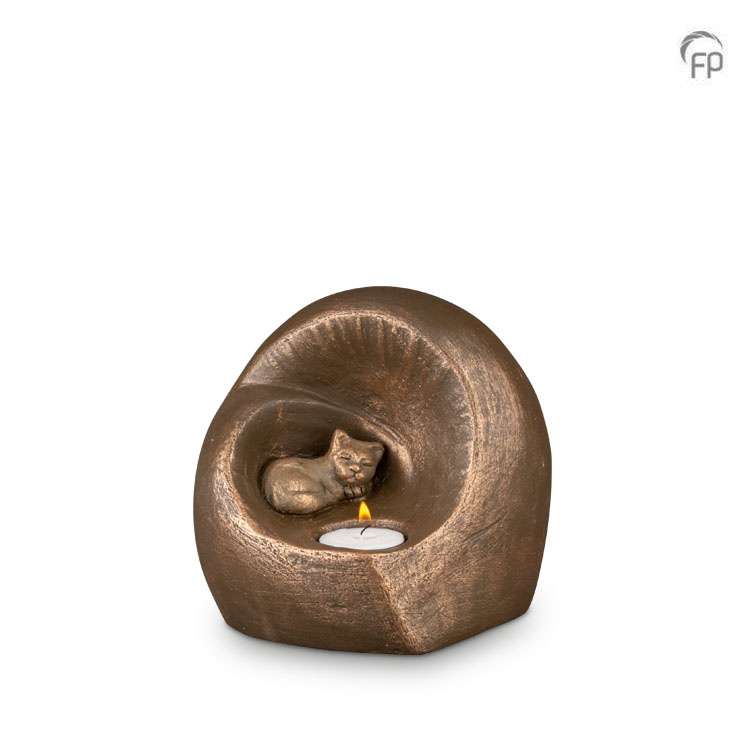 Keramische dierenurn - Kat met waxine brons - 0,50 Liter